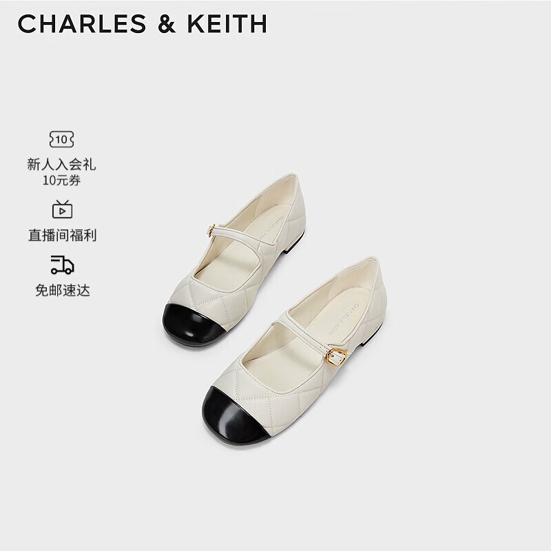 CHARLES&KEITH拼接菱格平跟玛丽珍鞋子女鞋女士CK1-70900405 粉白色Chalk 36