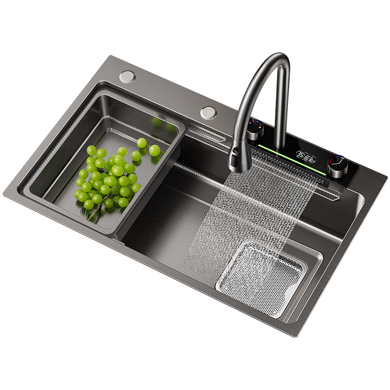 卡貝5MM加厚廚房水槽大單槽SUS304不銹鋼洗菜盆一體盆米粒壓紋集渣盆