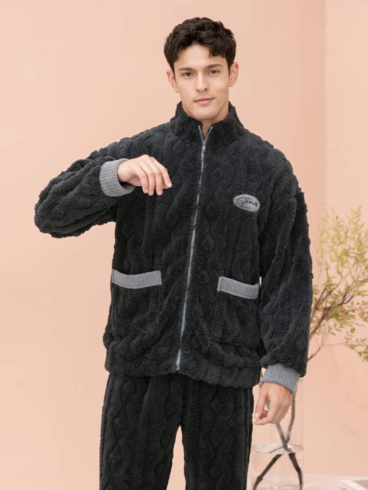 玛伦萨（manza）双面绒睡衣男冬季新款立领拉链休闲加绒加厚保暖家居服套装 碳灰 3XL