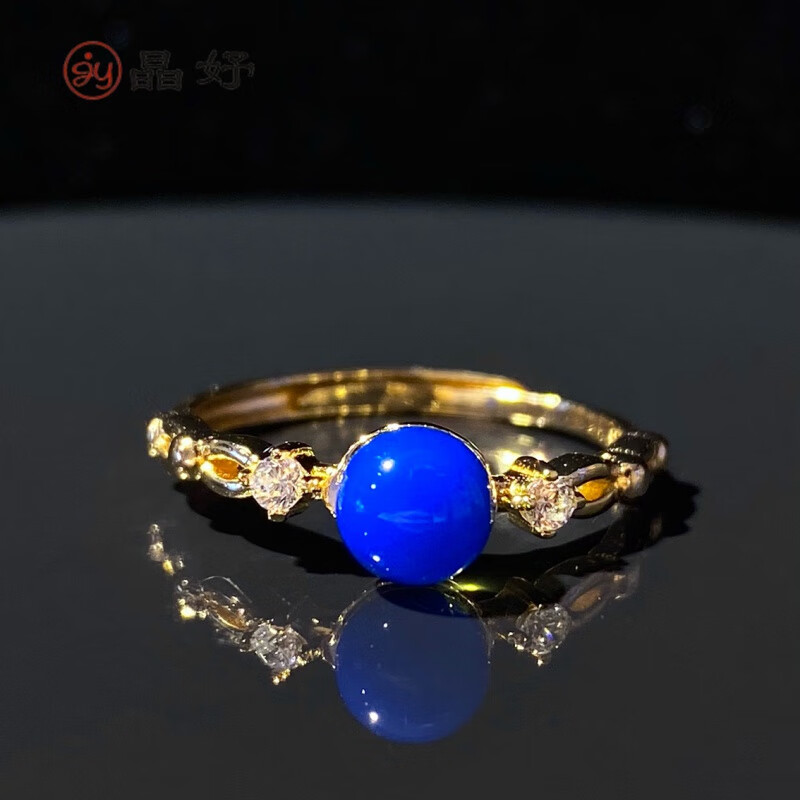 晶妤多米尼加蓝珀单珠戒指净水天空蓝925银镀18k金女士指环5mm 两钻款