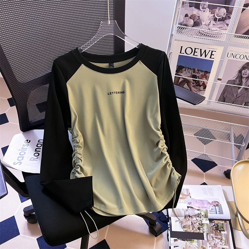 雷黛茜微胖mm设计感抽绳正肩长袖打底T恤大码秋季新款显瘦遮肚藏肉上衣 绿色 S【建议50-60斤】