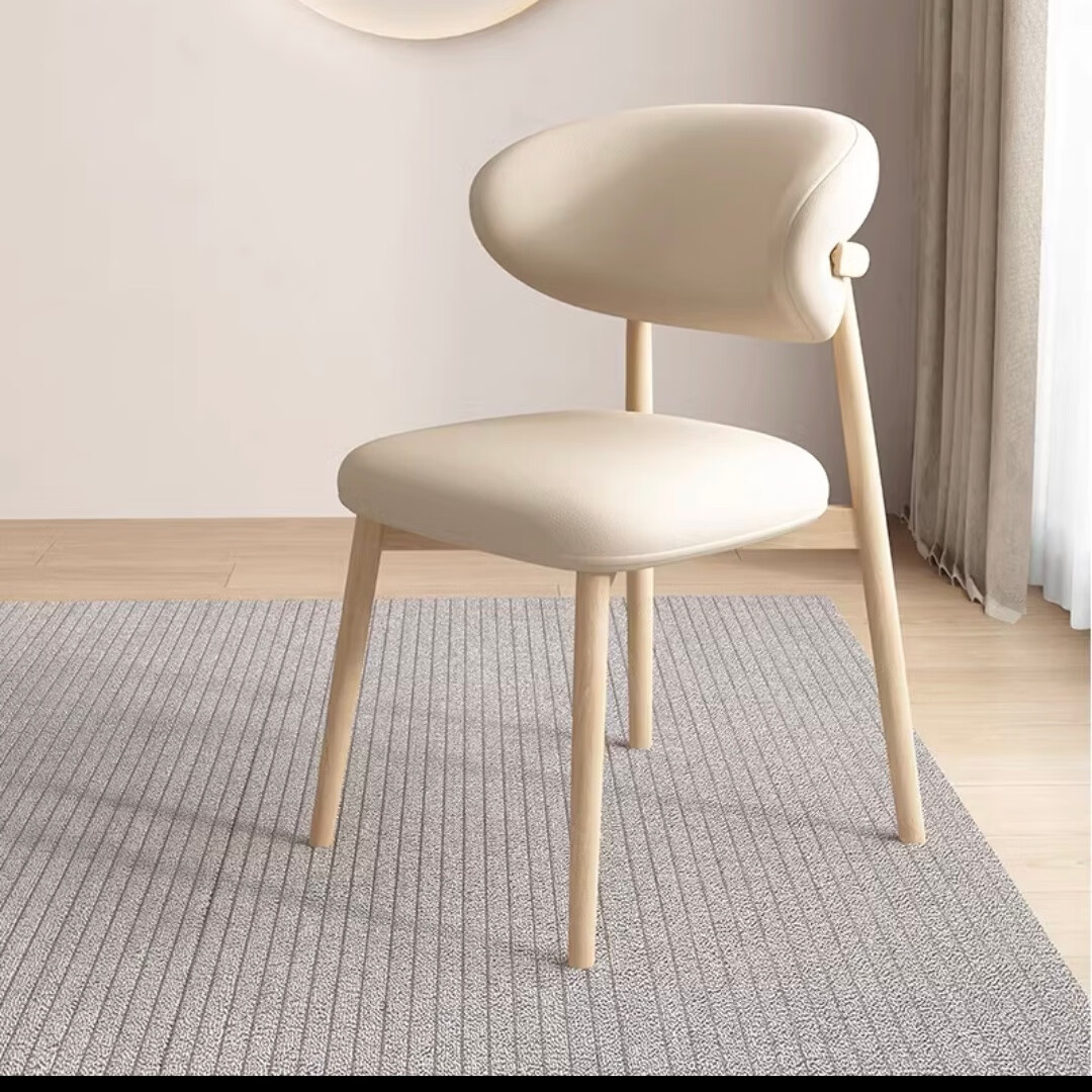 轻奢现代北欧设计师实木餐椅简约原木咖啡厅休闲家用餐厅靠背椅子 米白色（防刮皮）+原木色底架