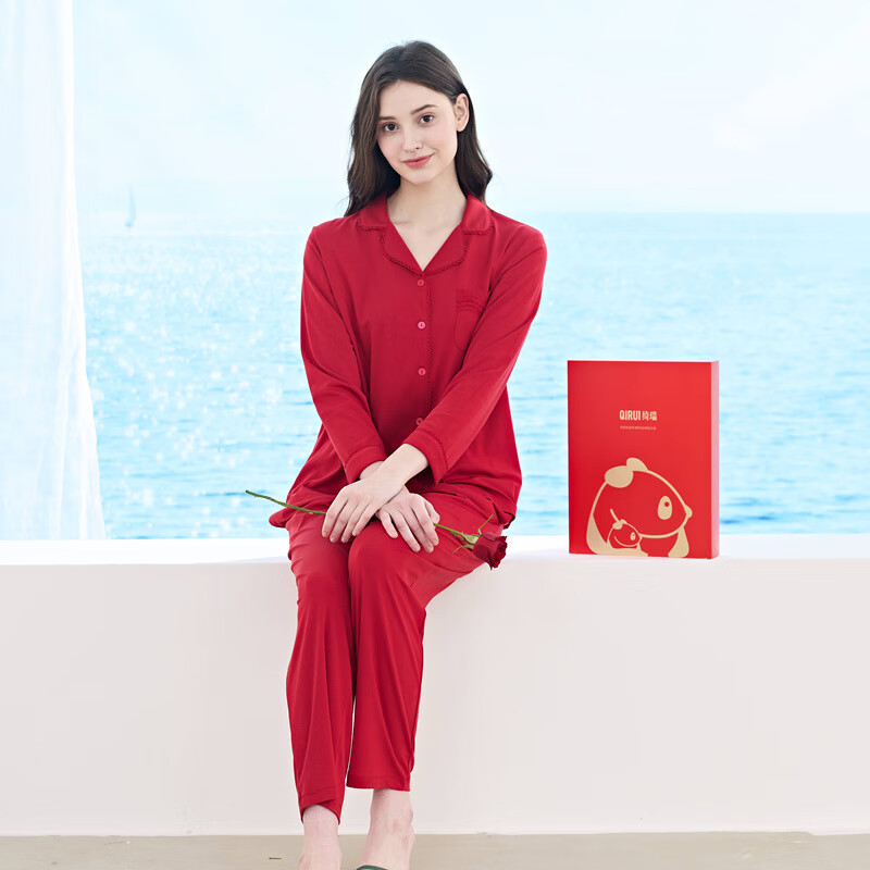 绮瑞家居服女春夏长袖薄款莫代尔开衫翻领本命年红色睡衣套装宽松 红色 XL(适合120-140斤)
