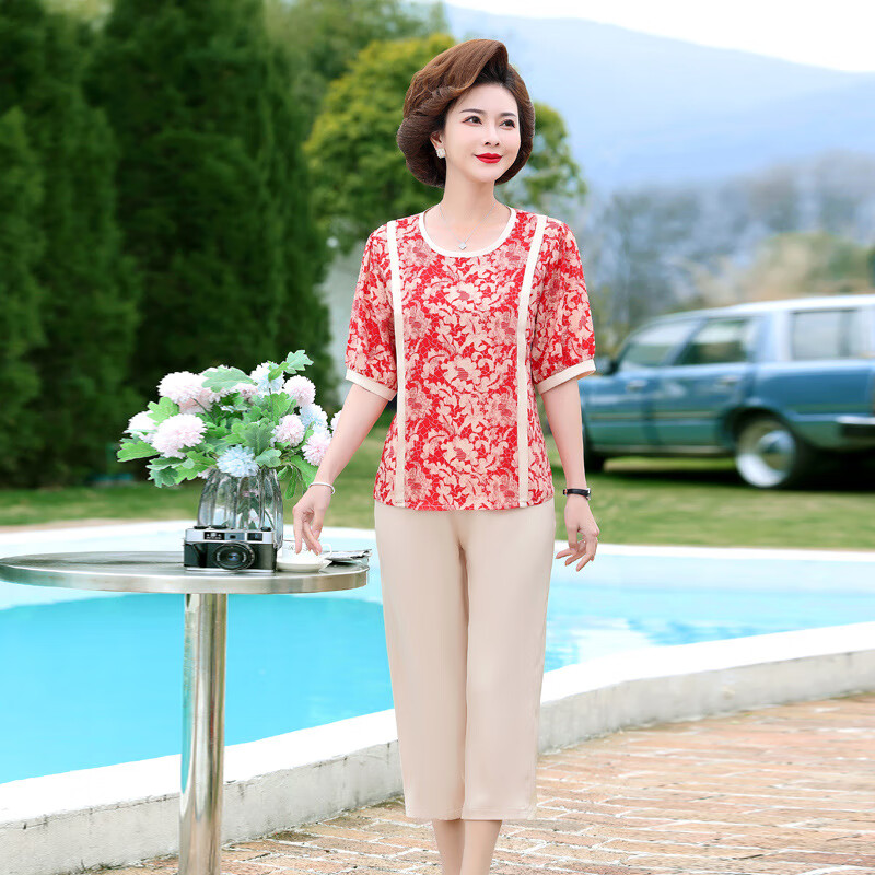 在礼40岁至50岁穿的夏天衣服妈妈夏装套装女中年人洋气中袖上衣年轻婆