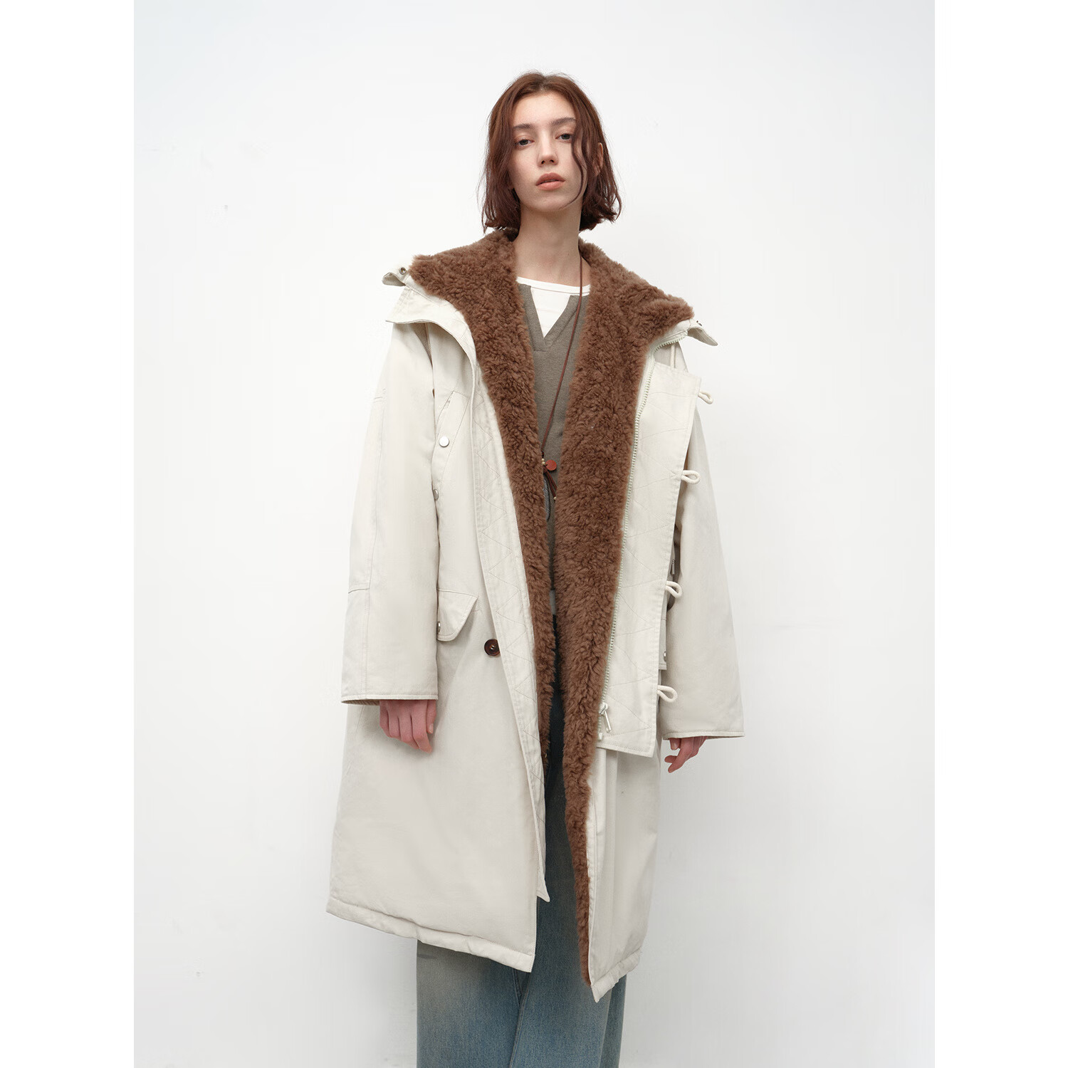 付智恩[精英衣橱】 沿海公路二代 简约时髦御寒工装风羽绒派克服女 米白色-长款 S