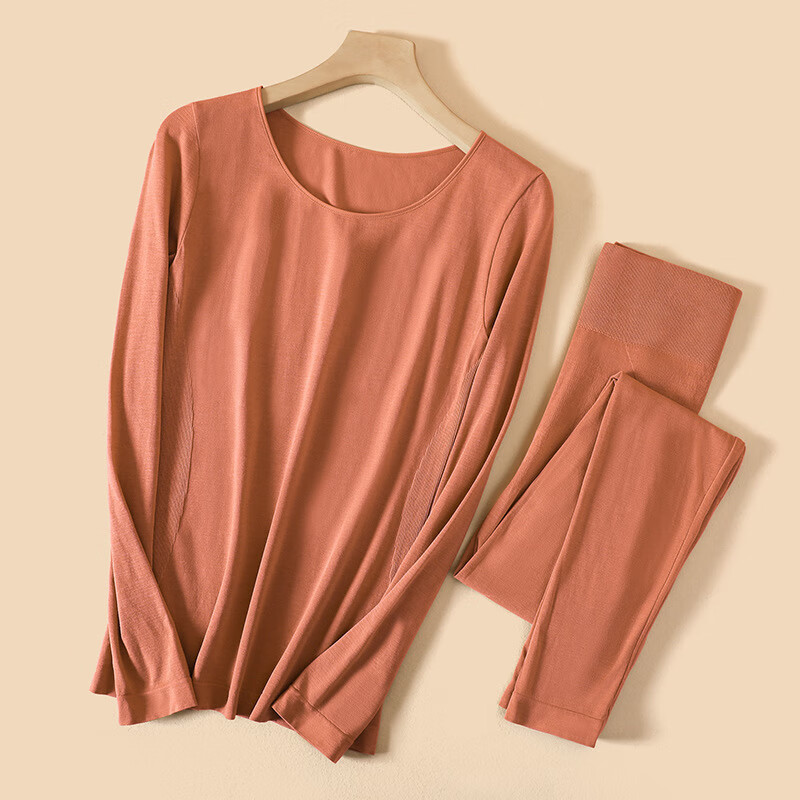 佧森滋羊绒蛋白秋冬季保暖内衣女无痕轻薄修身无缝美体秋衣秋裤套装 釉红【套装】 均码【80-130斤】