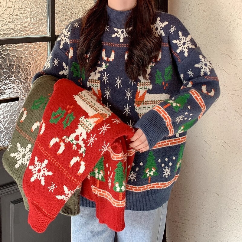 相伊恋人毛衣针织衫女25新款秋冬红色圣诞复古外套圆领保暖宽松小个子上衣 圣诞红色毛衣 均码 【建议80~140斤】