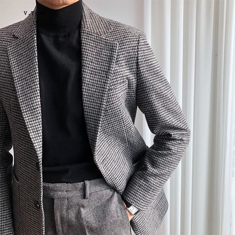 千鸟格西装男外套 灰色千鸟格西服 s110斤左右