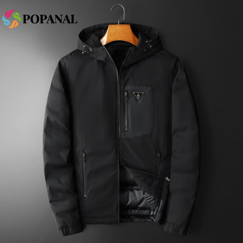 POPANAL香港潮牌2025冬季新款男士连帽服高品质潮款休闲大码时尚羽绒服潮 黑色 M