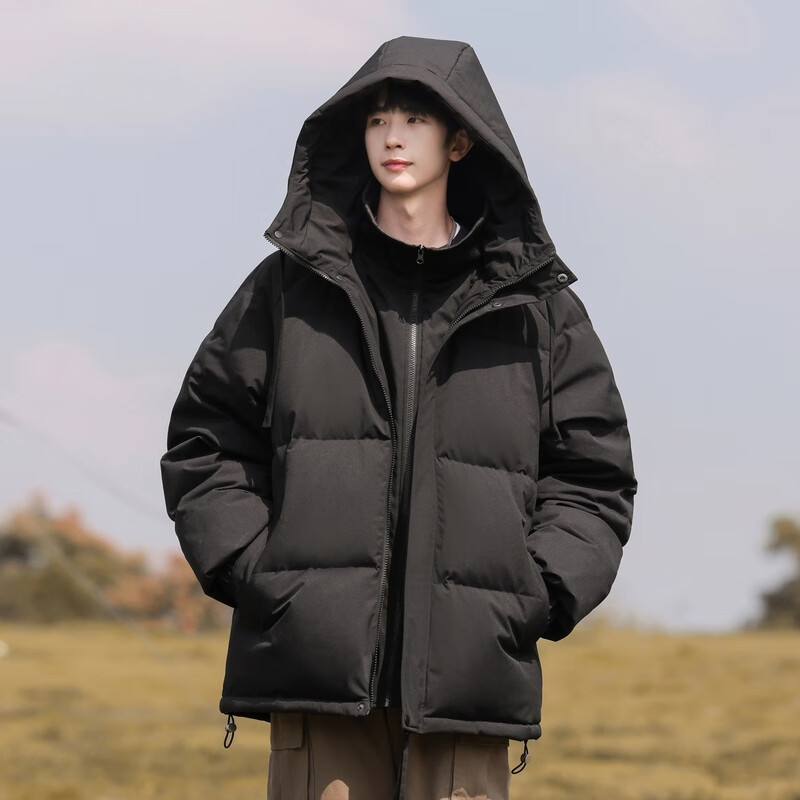 雪中飞新款男士连帽短款羽绒服日常百搭休闲舒适保暖抗寒纯色简约 黑色 4XL 195/108A