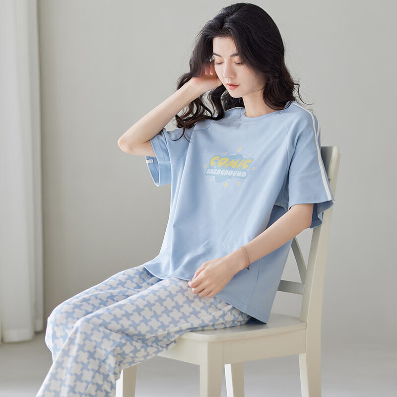 莫代尔睡衣女夏季100%纯棉短袖长裤2026新款夏天全棉女士家居服套装 N1358【主图-100%纯棉款】 L 【建议100-120斤】 现货现发