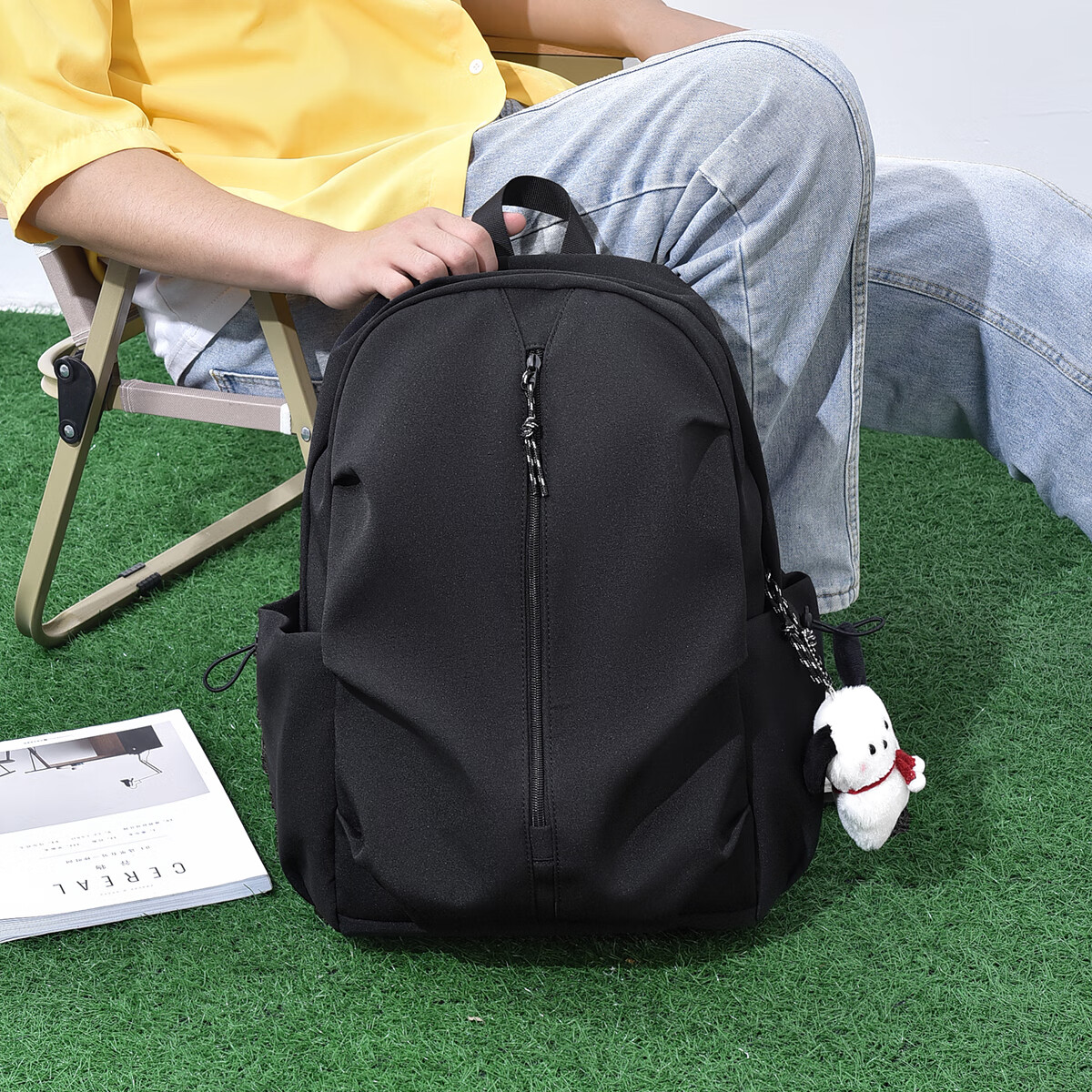 飞莎双肩包男士背包大容量书包大学生高颜值时尚休闲旅行电脑包初高中 黑色【带玩偶挂件】