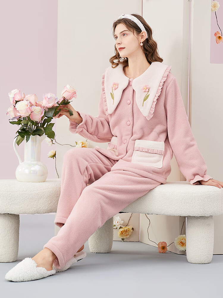 玛伦萨(manza)抗静电羊羔绒珊瑚绒保暖睡衣女冬季加绒加厚家居服套装 暖粉 XL