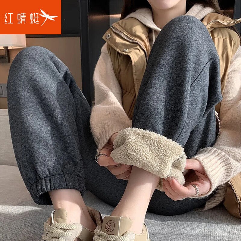 红蜻蜓加绒运动裤女秋冬季2026年新款加厚卫裤束脚羊羔绒棉休闲裤裤子女 深灰色长裤- 加绒 羊羔绒 S 【建议体重80-90斤】