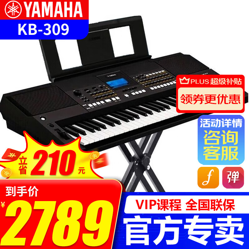 雅马哈（YAMAHA）电子琴KB309便携式智能初学者考级演奏教学娱乐61键KB308电子琴 KB309原装标配+X架全套配件