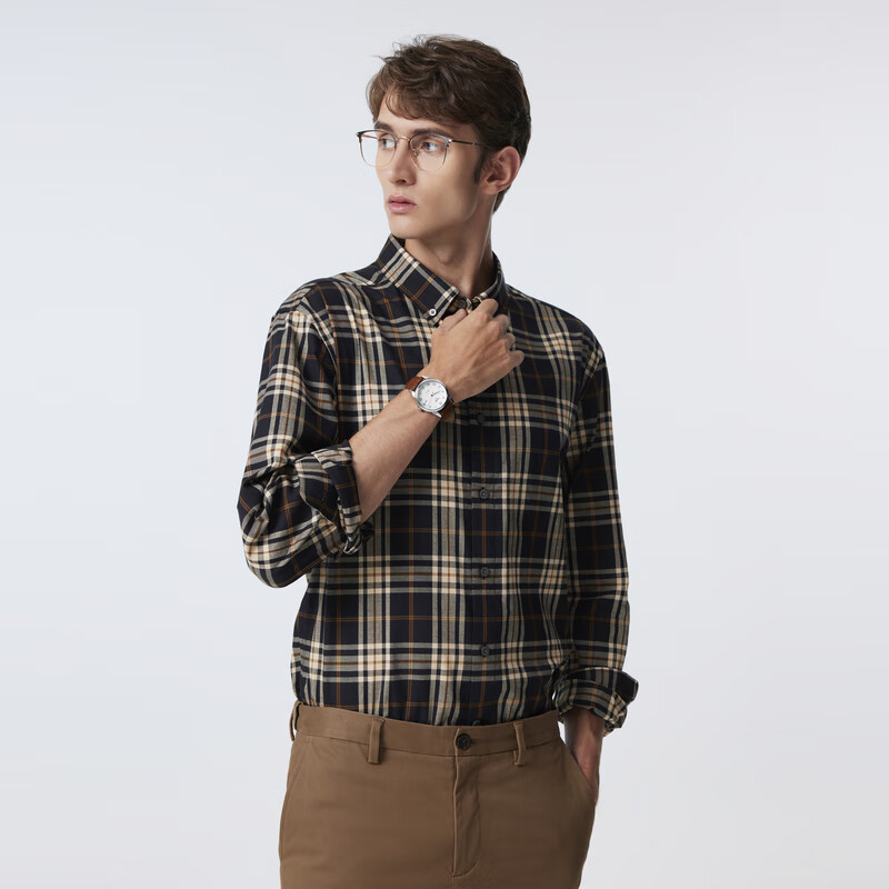 Scofield【新疆棉】男装24年秋季新款英伦复古休闲格纹全棉长袖衬衫 卡其色 M (170)