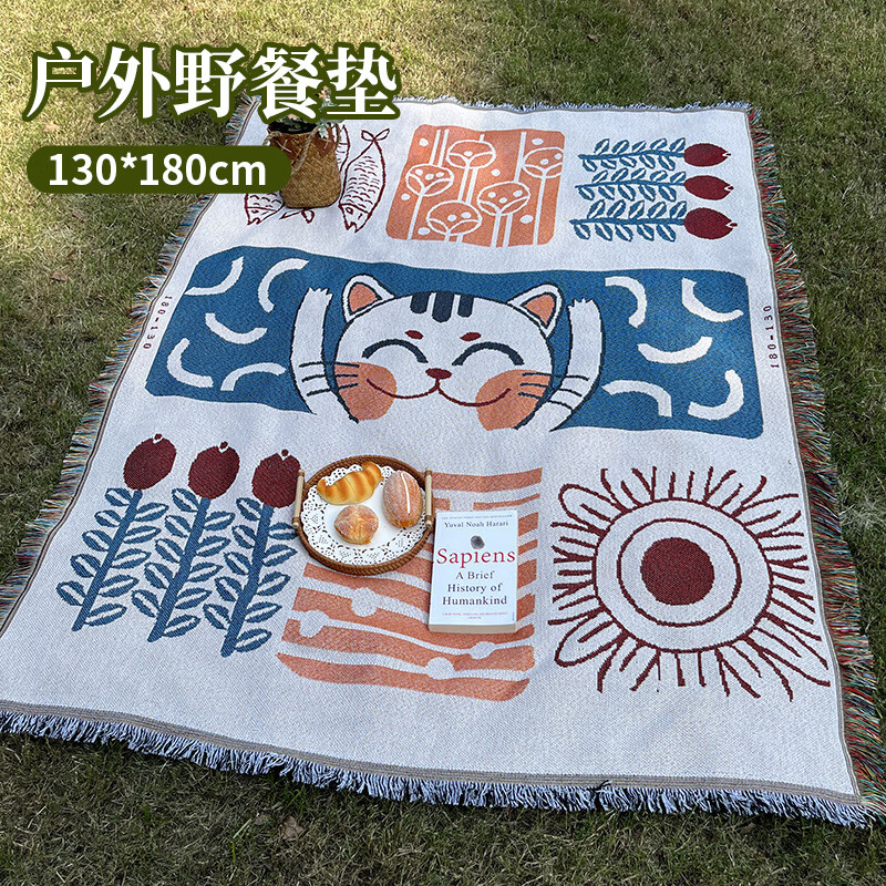 爾山集野餐墊戶外露營毯春游流蘇款地毯加厚公園野炊地墊露營毯子 【招財(cái)貓】 130x180cm
