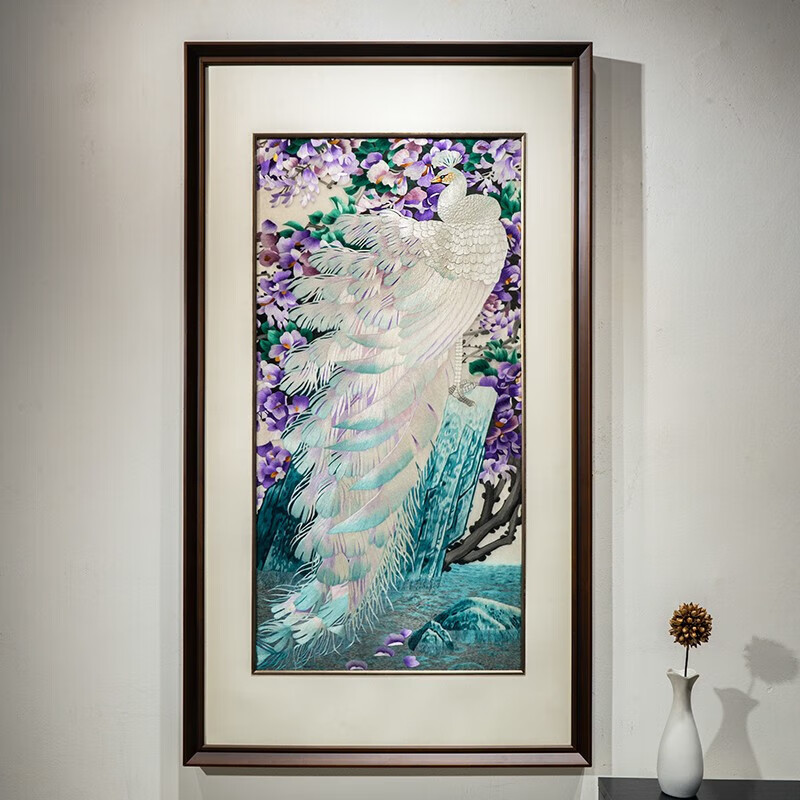 玄关装饰画限量纯手工精品刺绣玄关入户门孔雀实木外框挂画 白孔雀 73