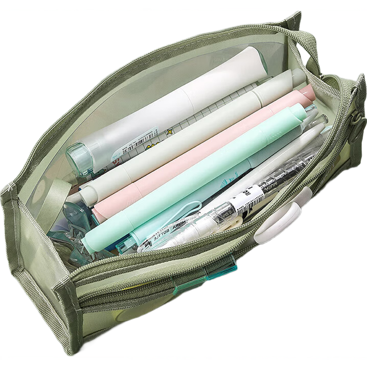 莫兰迪色笔袋ins风简约高颜值透明可视双层超大容量网纱笔袋中小学生考试拉链式收纳便携文具袋 粉色