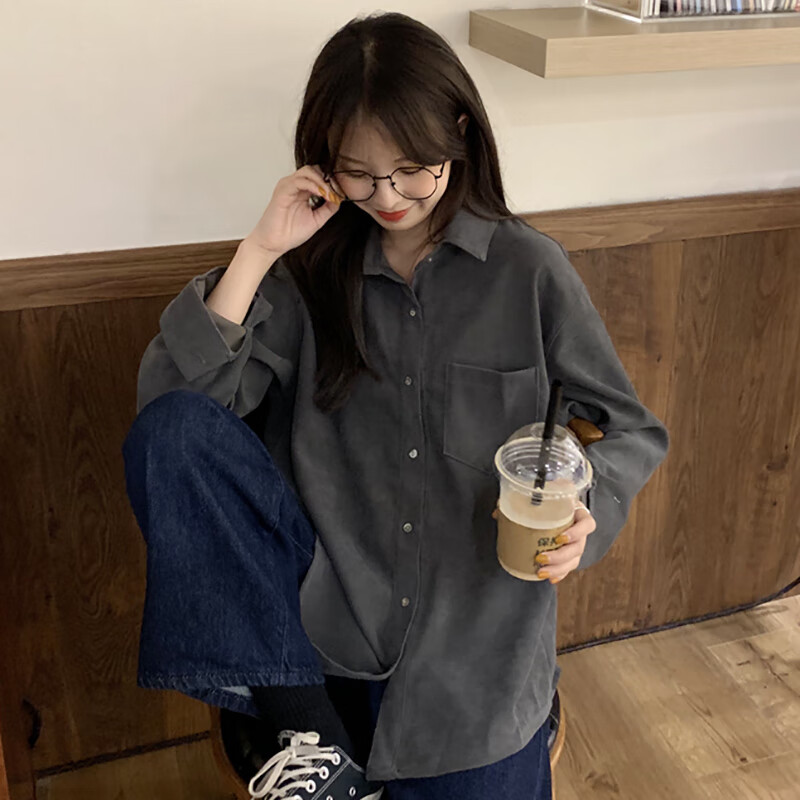大唐喜乐牛纯色衬衫女春装秋季新款宽松复古港味内搭时尚上衣服ins