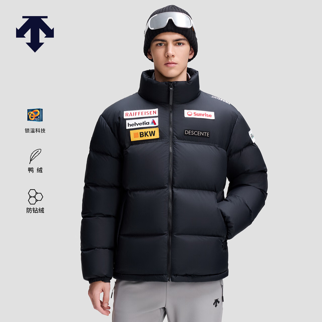 迪桑特（DESCENTE）休闲运动瑞士国家队合作男女同款短款运动羽绒服 BK-黑色-D5493SDJ68 XL (180/100A)