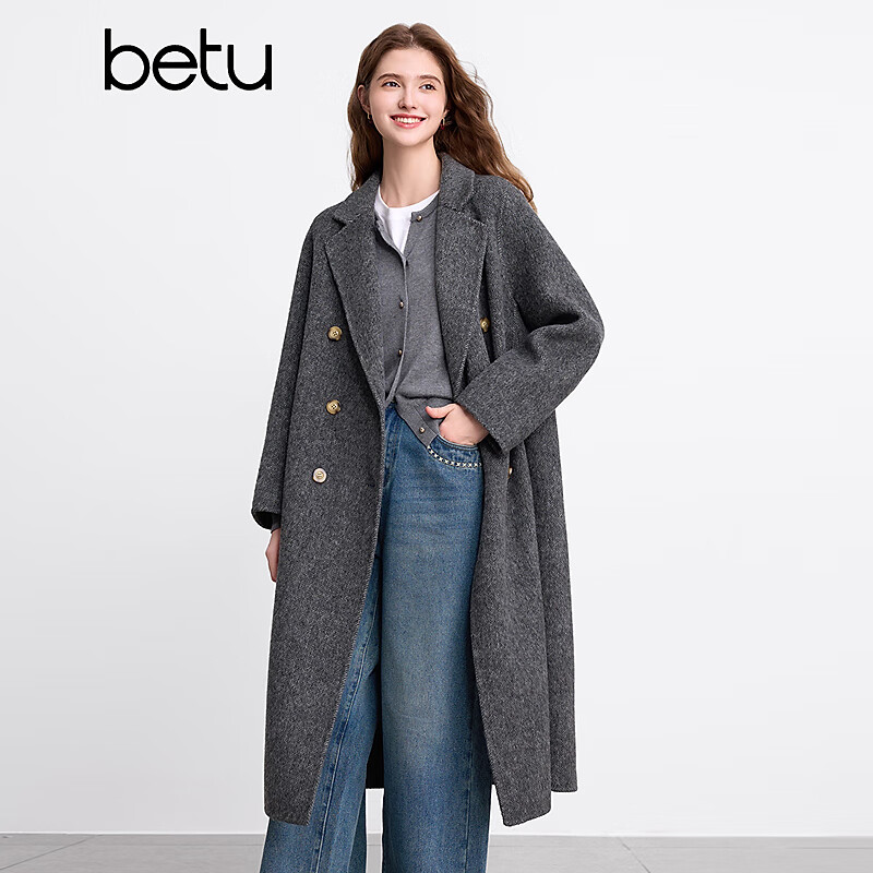 百图betu女装冬季新款毛呢外套西装领绵羊毛气质大衣外套2412X01 深灰 M