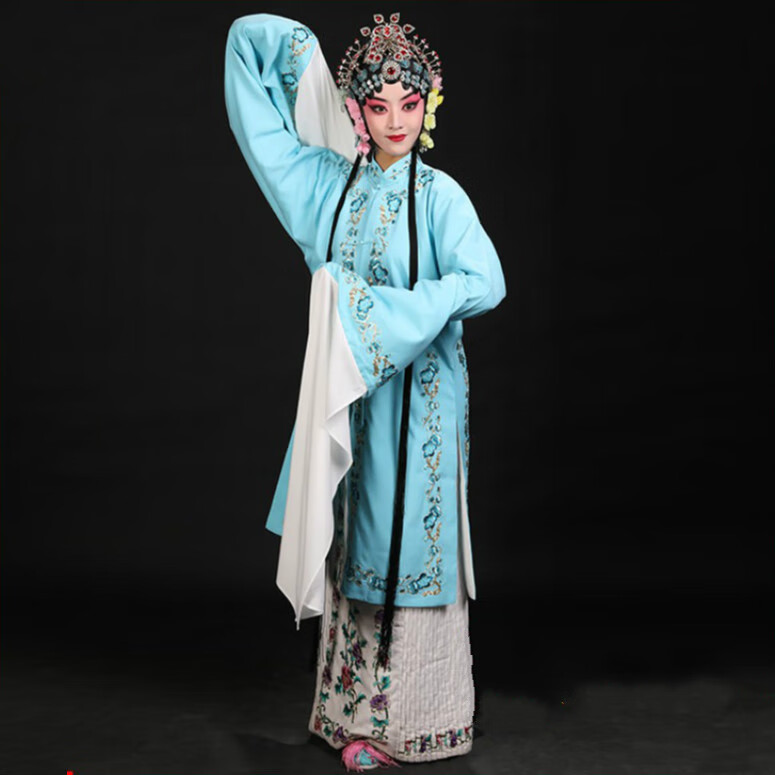 高端软绉梅花边青衣披京剧戏曲花旦小旦小姐精致绣花演出戏服 天蓝 软