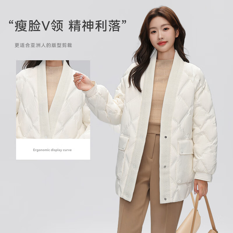 雪中飞秋冬时尚休闲大V领锁绒菱格绗线【反季清仓】】女士短款羽绒服 白色 S 160/84A