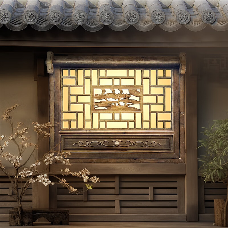 澳颜莱 中式复古实木窗 唐律仿古门窗实木花格上翻中式窗户做旧推拉窗