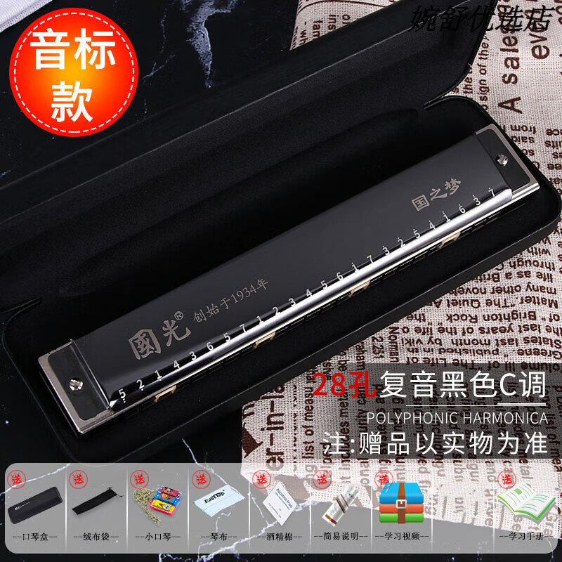 国光口琴官方旗舰店24孔28孔复音C调初学者男女入门演奏口琴 【国之梦版演奏级】28孔复音C调音标款】黑色【全套