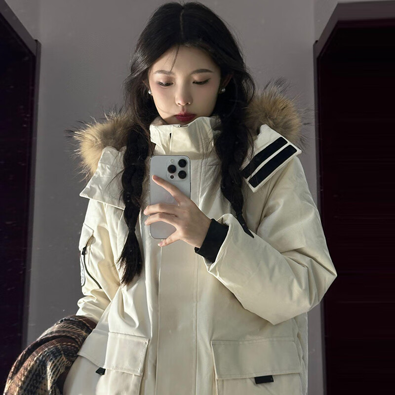 林羽森寬松派克服工裝羽絨棉服女2024冬季新款大毛領中長款加厚棉衣外套 米白色 XL 推薦130-155斤