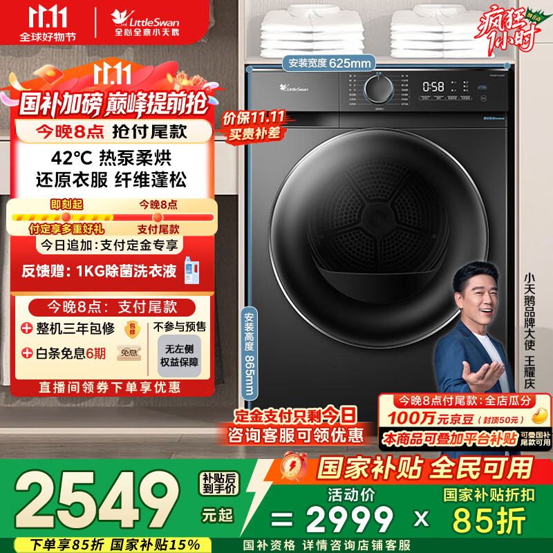 小天鹅（LittleSwan）10KG热泵烘干机 家用干衣机烘衣服 AI正反转 祛味除螨除潮 回南天烘干机 超薄TH100-HL02T国家补贴