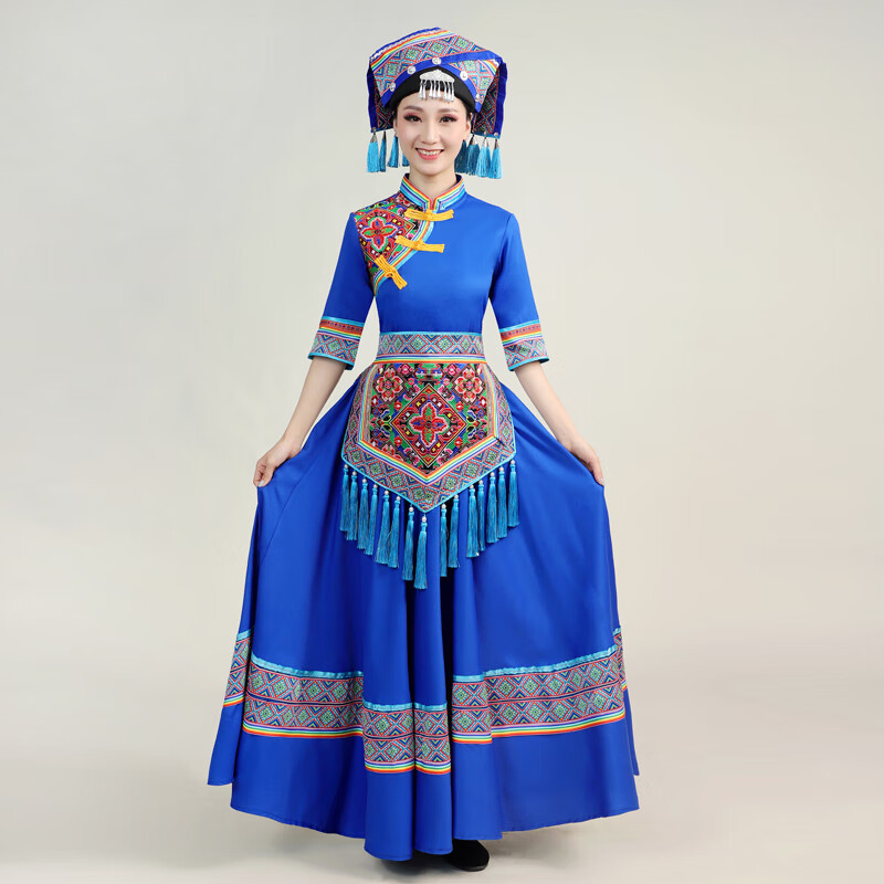 壮族民族服装女少数民族饰舞蹈演出大摆表演 蓝衣 蓝裙 围裙 流苏头衔