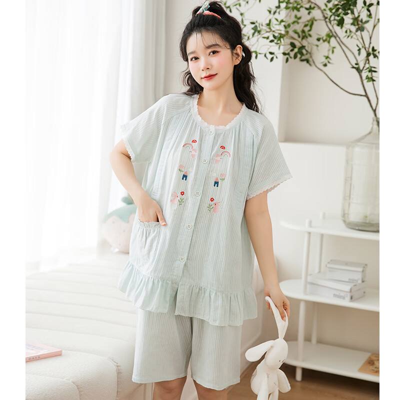 家の時(shí)光月子服夏季薄款產(chǎn)后純棉紗布短袖孕婦哺乳睡衣待產(chǎn)哺乳喂奶家居服 清水綠（上衣+短褲）自帶胸墊 L【建議125-145斤左右穿著】