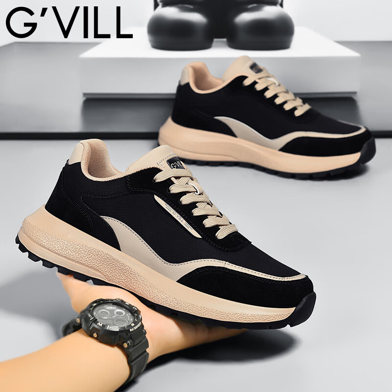 贵之步G'VILL 鞋子男鞋秋季2024新款潮流百搭旅游鞋厚底男士运动休闲鞋 黑杏 42