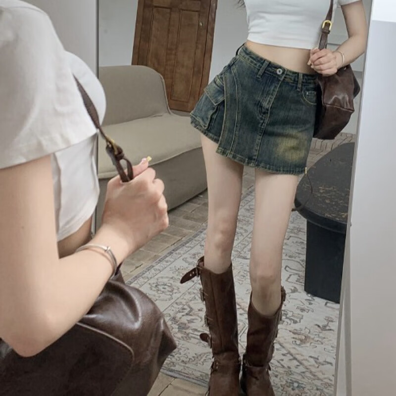 皮尔卡丹(pierre cardin)高腰牛仔短裙女春季2024新款复古辣妹半身裙