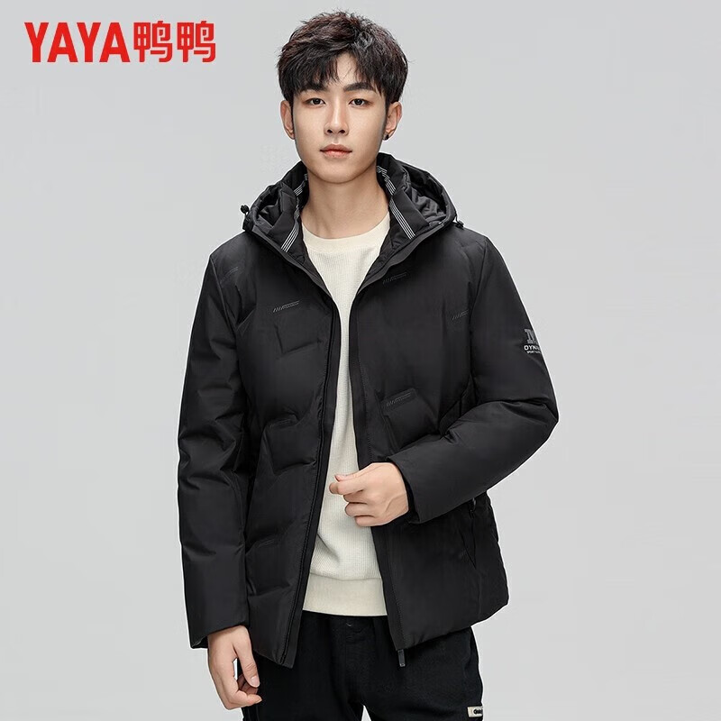 鸭鸭（YAYA）羽绒服男短款连帽立领厚款保暖青年冬季新款工装外套 黑色 XL 180 (建议125-140斤)