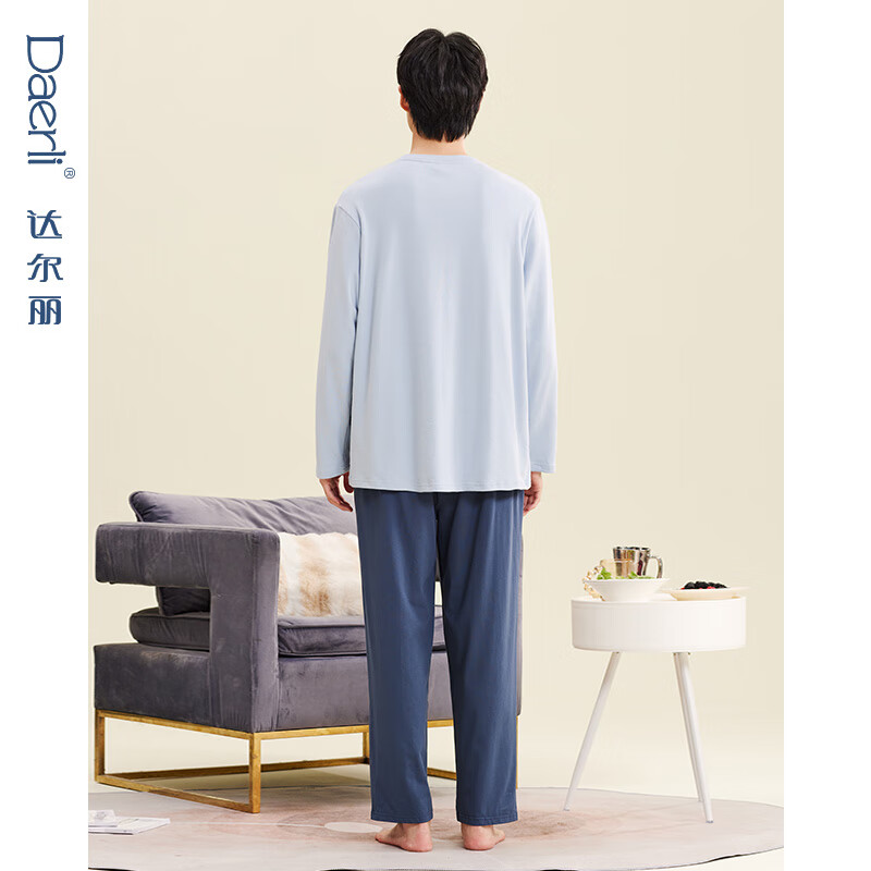 达尔丽睡衣男春秋款纯棉圆领长袖长裤简约男士家居服套装秋季薄款可外穿 T9245245-022-中蓝 L