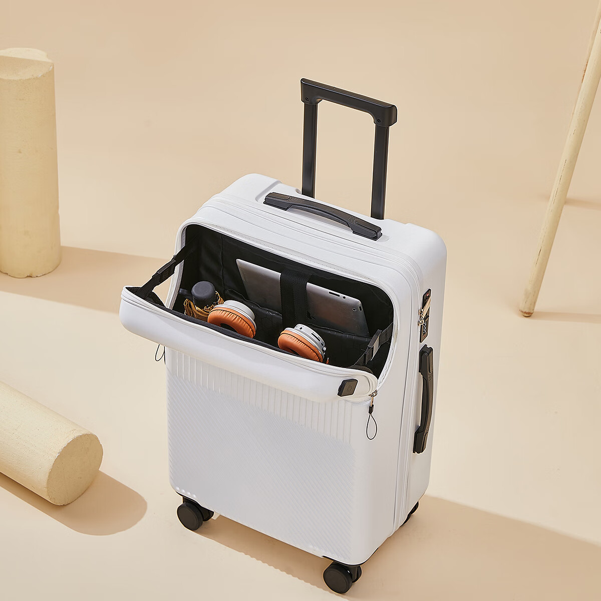 EBEN2024年新款密码箱前开口拉杆箱万向轮多功能男旅行箱女式行李箱 拉链 白色 20寸