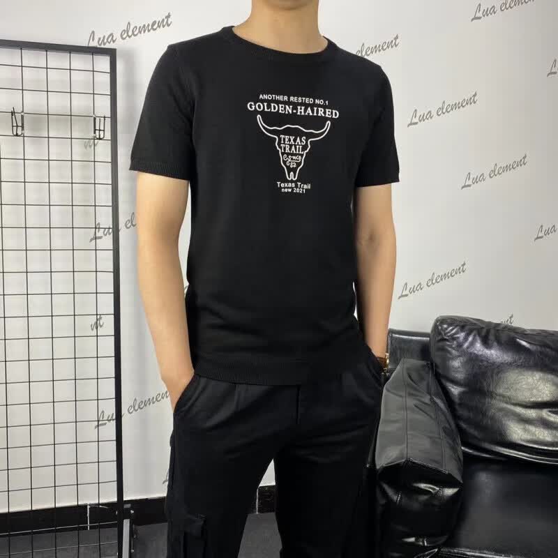 LUO ELEMENT秋冬季2021年新款牛头印花短袖毛衣男韩版修身时尚潮流半袖针织衫 黑色 M