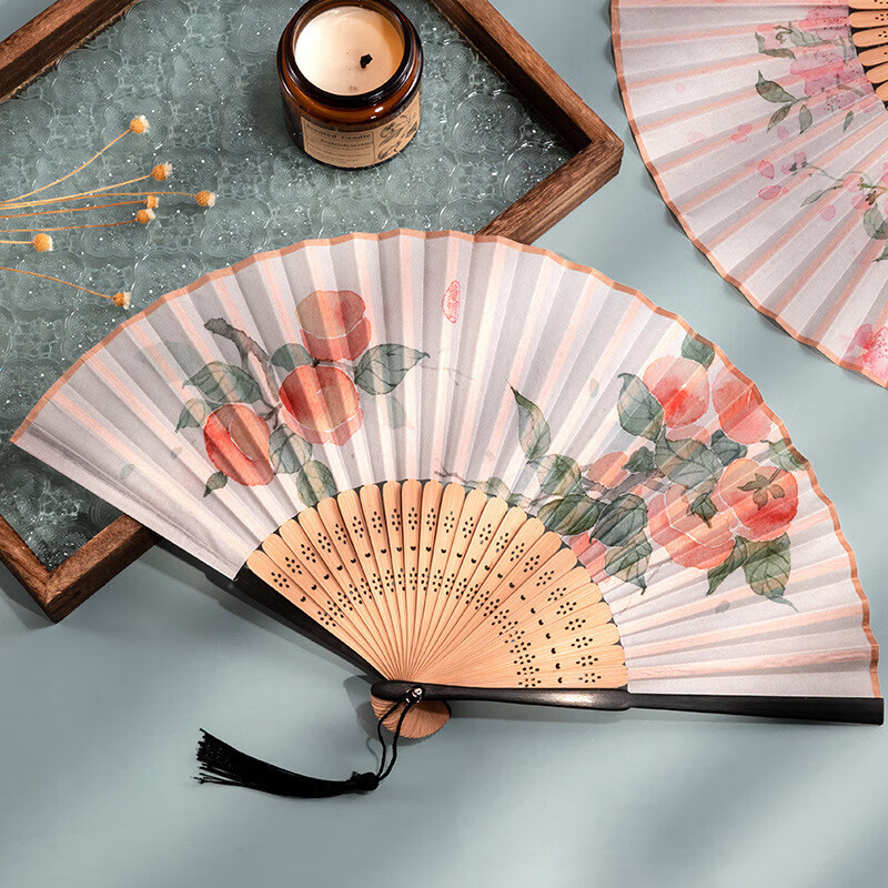 締晶古風(fēng)扇子折扇中國風(fēng)夏季便攜古代漢服旗折疊小竹扇子柿子舞蹈扇女 【柿柿如意】古風(fēng)折扇+扇盒