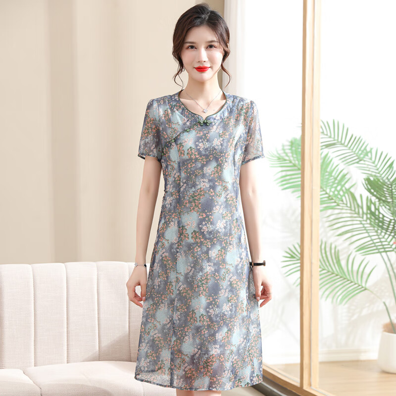 孜颜妈妈装夏装连衣裙洋气中老年女装短袖长裙子阔太太短袖雪纺碎花裙 627蓝灰 XL 建议100斤内