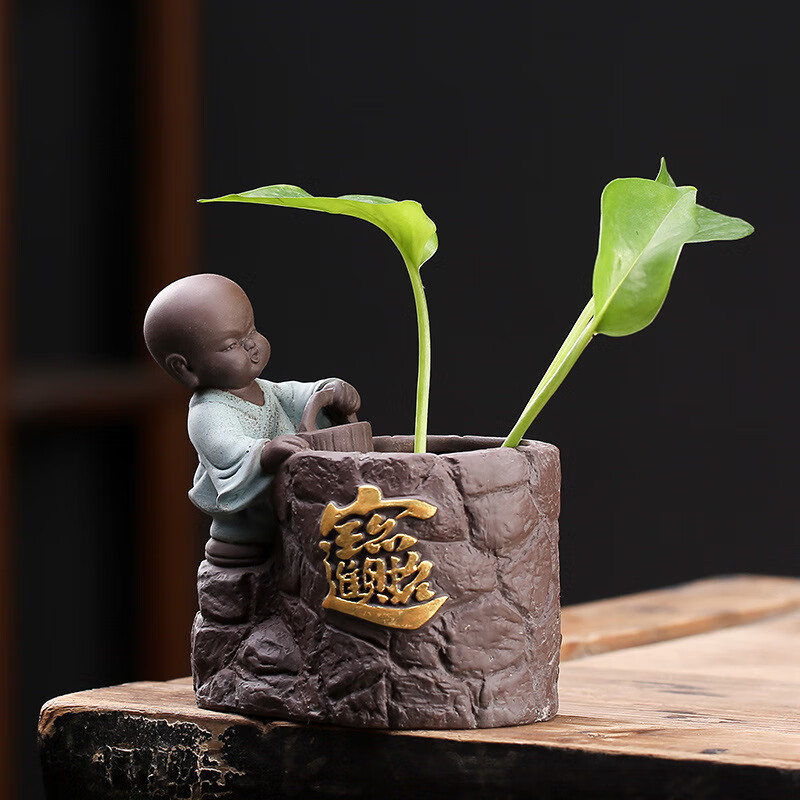 楚如茶宠 花瓶可爱趣味小和尚水培器皿 创意紫砂精品可养茶桌复古摆件