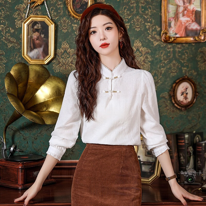 汉卿中夏汉服中式复古盘扣旗袍衬衫2024春装洋气宽松轻国风长袖雪纺