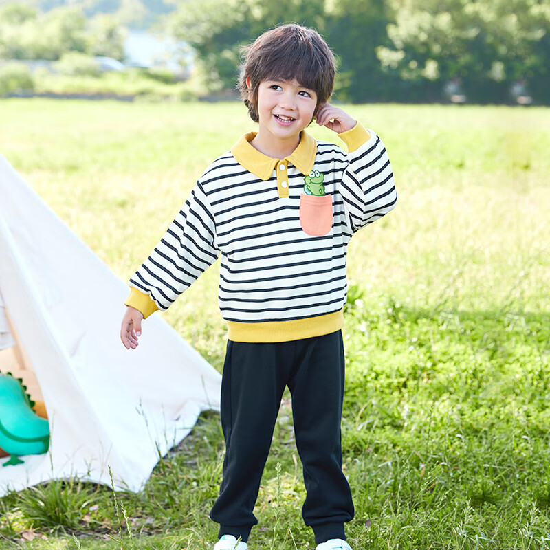 迷你木木屋儿童春秋季男童女童时尚潮流翻领条纹卫衣套装休闲运动风两件套 条纹青蛙 130 推荐身高119-128