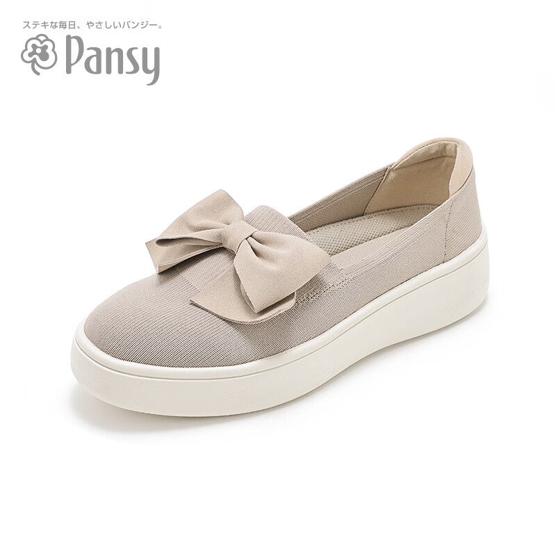 Pansy日系春季单鞋女鞋飞织妈妈鞋透气舒适中老年夏季船鞋4151米色35