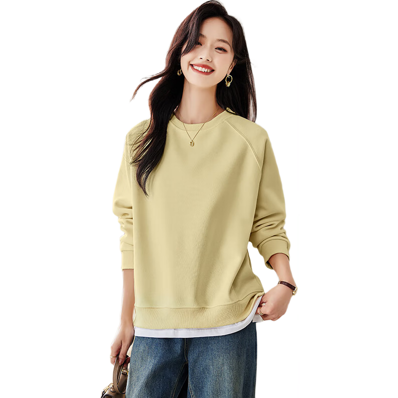 品彩（PinCai）松弛感卫衣女简约纯色圆领假两件拼接卫衣宽松百搭上衣 P141W1739
