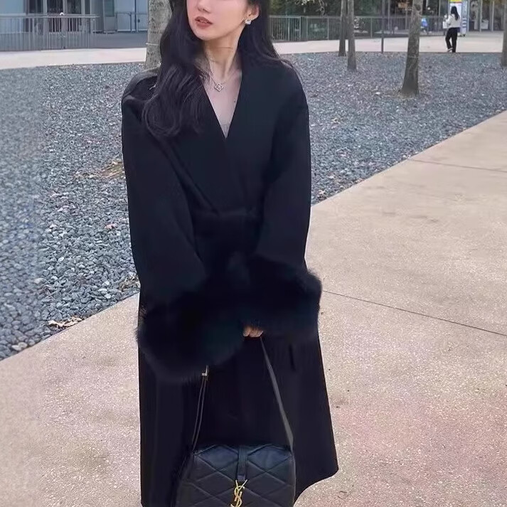 FOURDATRY双面呢大衣女2025秋冬中长款红色高级感仿狐狸毛呢外套女羊绒大衣 红色 XS