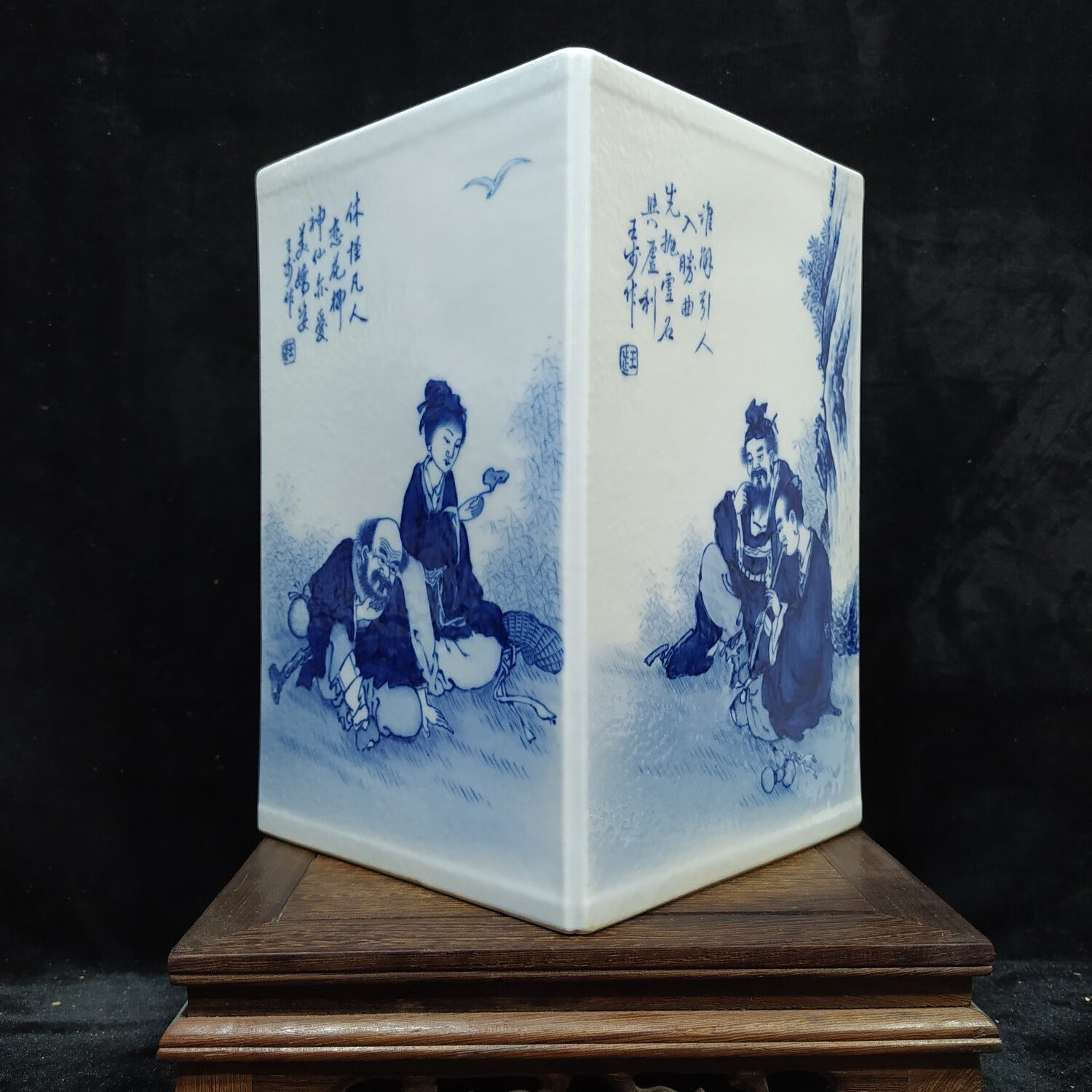 景德镇陶瓷器王步手绘高档青花人物四方镶器赏瓶收藏摆件装饰笔斗
