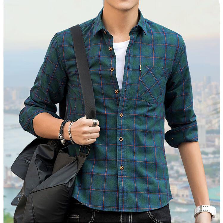 权凡衬衫男外套棉质长袖男装修身衬衣春秋款棉质格子衬衫男长袖韩版学